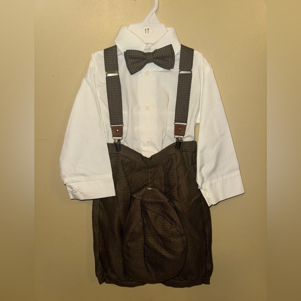 Vintage Brown Plaid Suspender Suit Hat Outfit Set Knickers 1 Year Old 24 Months - Picture 2 of 4